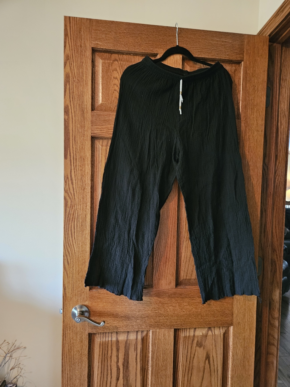 Black Crinkle Wide-Leg Pants